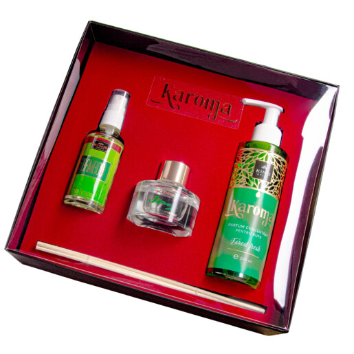 Cutie Cadou Karoma 3 piese, Parfum rufe Forest Fresh, 200 ml, Odorizant auto Bamboo, 50 ml si Odorizant camera cu bete ratan Joy, 50 ml