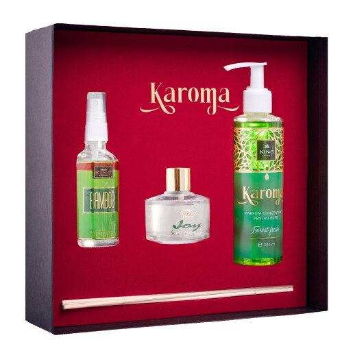 Cutie Cadou Karoma 3 piese, Parfum rufe Forest Fresh, 200 ml, Odorizant auto Bamboo, 50 ml si Odorizant camera cu bete ratan Joy, 50 ml