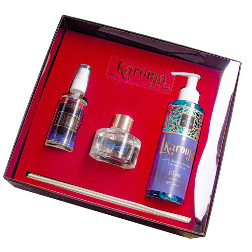 Cutie Cadou Karoma 3 piese, Parfum rufe Ocean, 200 ml, Odorizant auto Opium, 50 ml si Odorizant camera cu bete ratan Cool, 50 ml