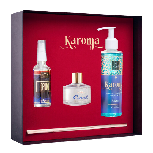 Cutie Cadou Karoma 3 piese, Parfum rufe Ocean, 200 ml, Odorizant auto Opium, 50 ml si Odorizant camera cu bete ratan Cool, 50 ml