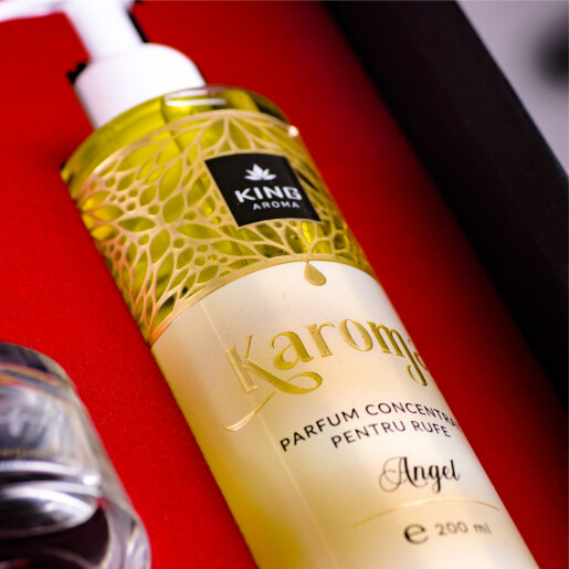 Cutie Cadou Karoma 3 piese, Parfum rufe Angel, 200 ml, Odorizant auto Fresh, 50 ml si Odorizant camera cu bete ratan Happy, 50 ml