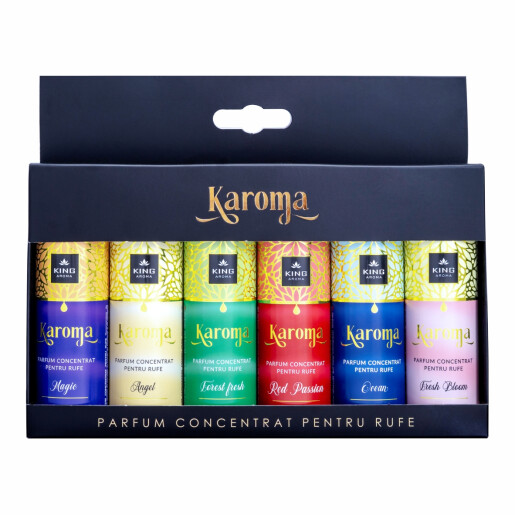 Set 6 Parfumuri concentrate pentru rufe, KAROMA - Magic, Angel, Forest Fresh, Red Passion, Ocean, Fresh Bloom, 6 x 50 ml