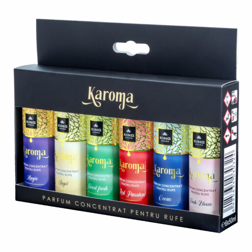 Set 6 Parfumuri concentrate pentru rufe, KAROMA - Magic, Angel, Forest Fresh, Red Passion, Ocean, Fresh Bloom, 6 x 50 ml