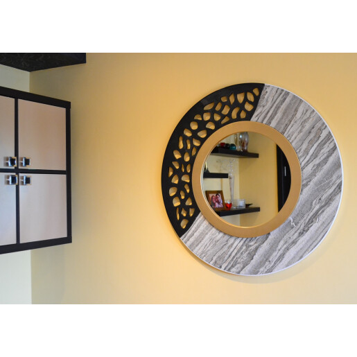 Oglinda moderna decorativa de lux, de perete, rotunda 90cm, din MDF placat, Kingaroma, Marble