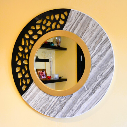 Oglinda moderna decorativa de lux, de perete, rotunda 90cm, din MDF placat, Kingaroma, Marble