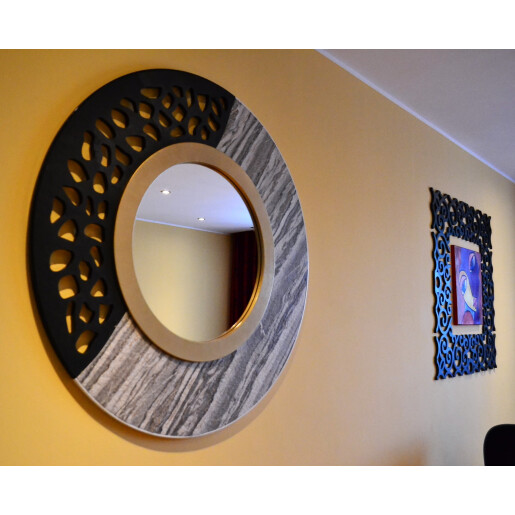 Oglinda moderna decorativa de lux, de perete, rotunda 90cm, din MDF placat, Kingaroma, Marble