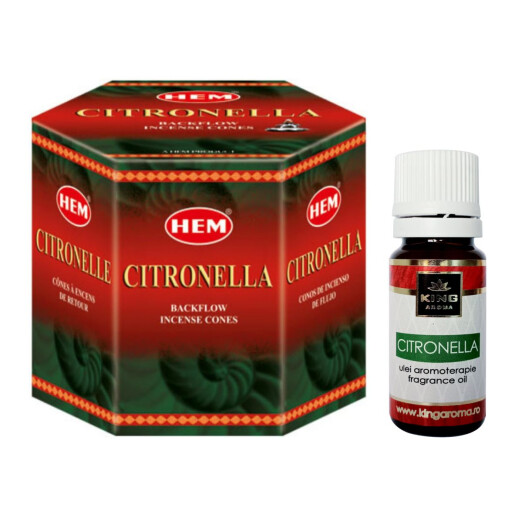 Pachet 40 Conuri parfumate Backflow HEM Citronella si Ulei aromaterapie Citronella Kingaroma, 10 ml