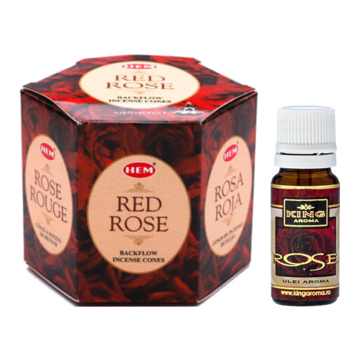 Pachet 40 Conuri parfumate Backflow HEM Red Rose si Ulei aromaterapie Rose Kingaroma, 10 ml
