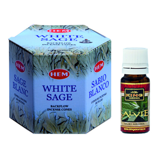 Pachet 40 Conuri parfumate Backflow HEM White Sage si Ulei aromaterapie Salvie Kingaroma, 10 ml