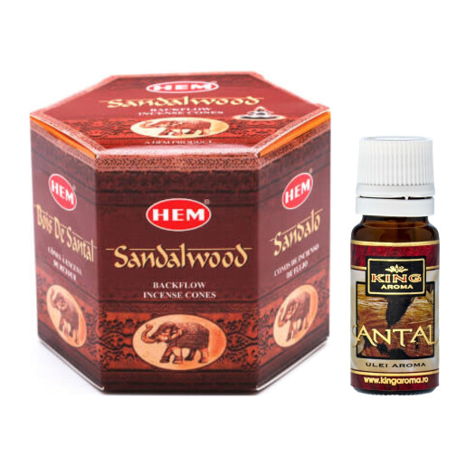 Pachet 40 Conuri parfumate Backflow HEM Santal si Ulei aromaterapie Santal Kingaroma, 10 ml