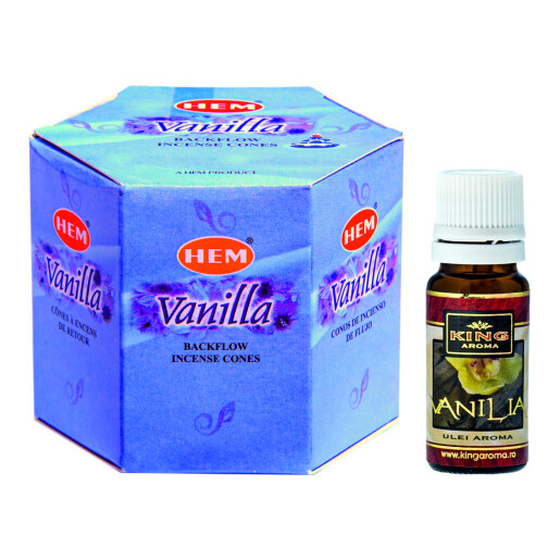 Pachet 40 Conuri parfumate Backflow HEM Vanilie si Ulei aromaterapie Vanilie Kingaroma, 10 ml