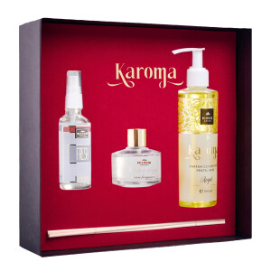 Cutie Cadou Karoma 3 piese, Parfum rufe Angel, 200 ml, Odorizant auto Fresh, 50 ml si Odorizant camera cu bete ratan Happy, 50 ml