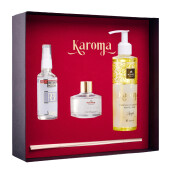 Cutie Cadou Karoma 3 piese, Parfum rufe Angel, 200 ml, Odorizant auto Fresh, 50 ml si Odorizant camera cu bete ratan Happy, 50 ml