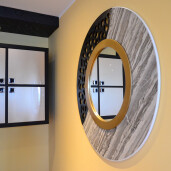 Oglinda moderna decorativa de lux, de perete, rotunda 90cm, din MDF placat, Kingaroma, Marble